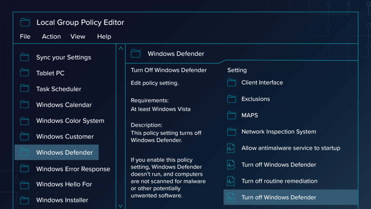 windows defender turned off by group policy vista